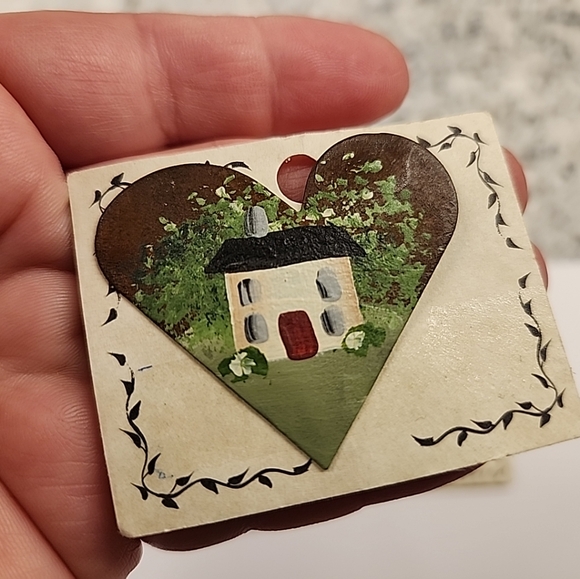 Primitive Folk Art Heart Shaped Brooches With Images of a Lamb, Cherry, & Cottag - Picture 4 of 10